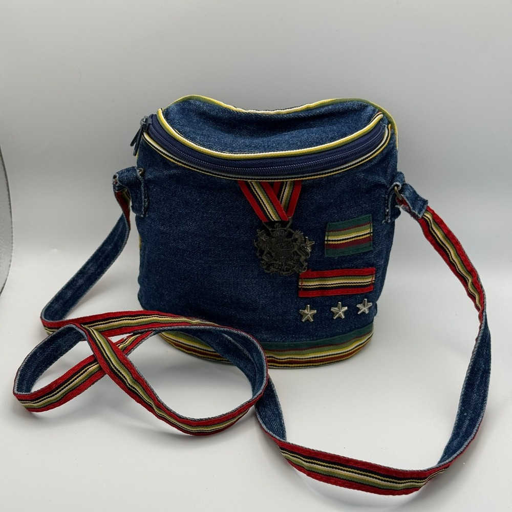 Vintage Mischief Makers Denim‎ Military Crossbody Bag Crest Stars Striped Trim